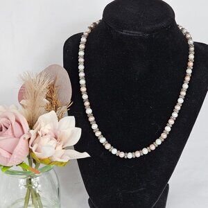 Classic 18" Freshwater Pearl Necklace Pink White‎ Silver Beads Feminine Romantic